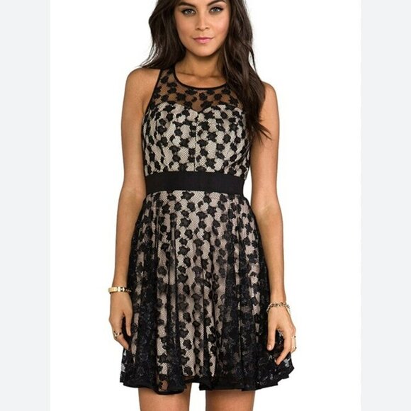 Milly Cheetah Lorex Lace Dress Women 4 Black Nude Lace Fit Flare Event Party LBD - Picture 1 of 13